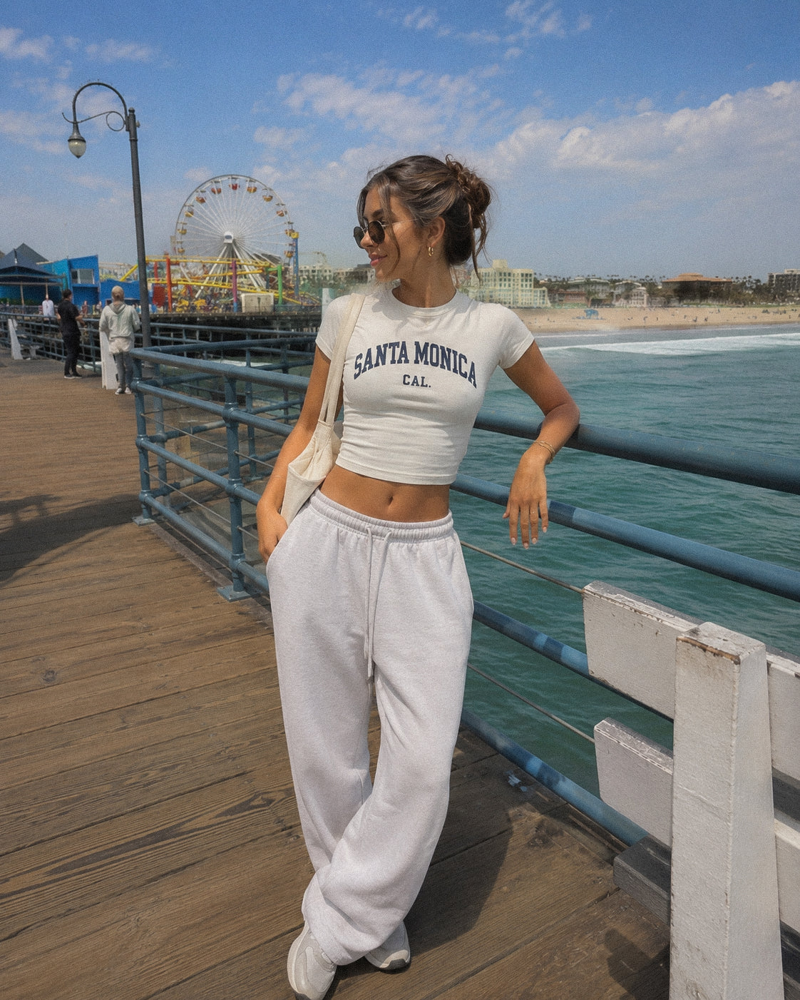 Women's Santa Monica Baby Tee – Santa Monica, California serif print by The Cali Store
