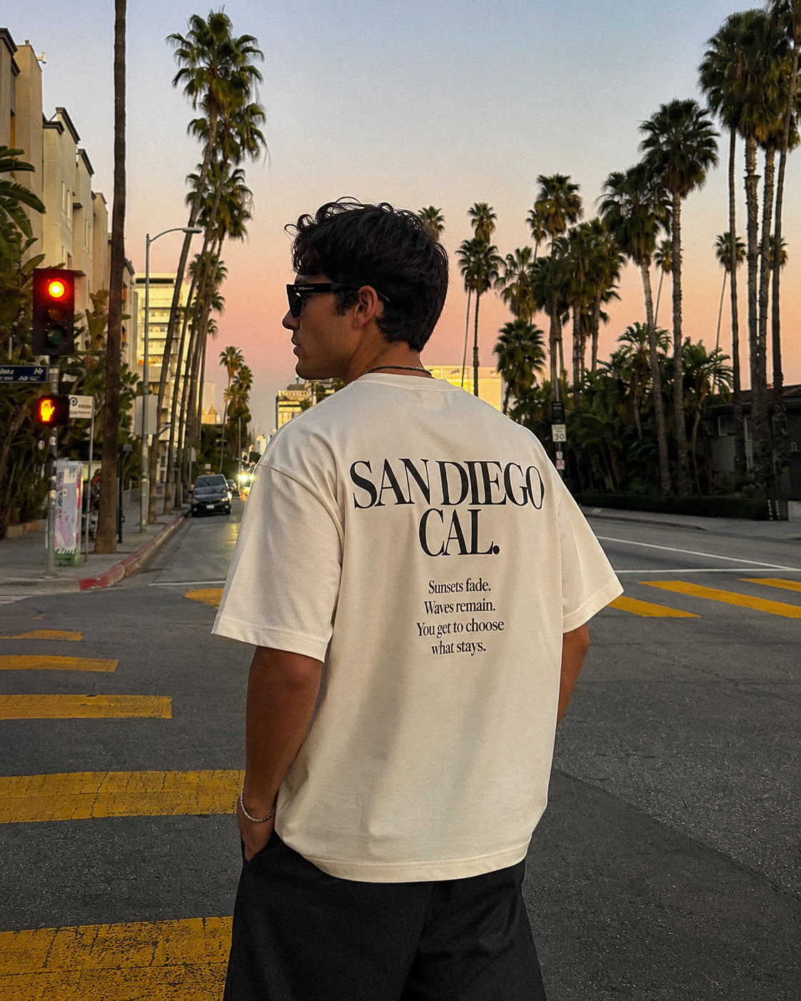Men's San Diego Sunset Story Tee – San Diego, California serif print by The Cali Store